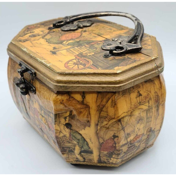 Vtg 1970s Artist Anton Pieck European Decoupage Wooden Box Red Velvet Lining - Picture 16 of 16